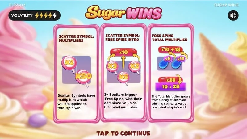 Sugar Wins - aðalvalmynd spilakassans